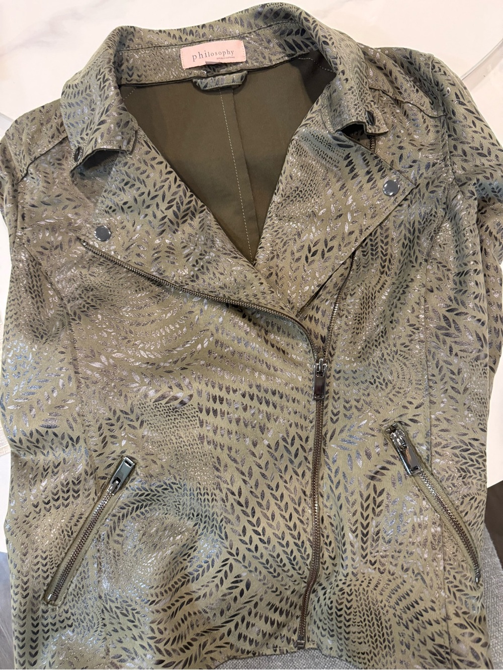 Philosophy Olive Patterned Leather Moto Jacket - Picture 3 of 5